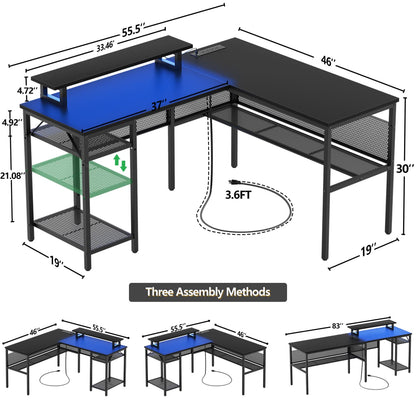 L Shape Desk with Charging Station, Computer Desk with LED Light