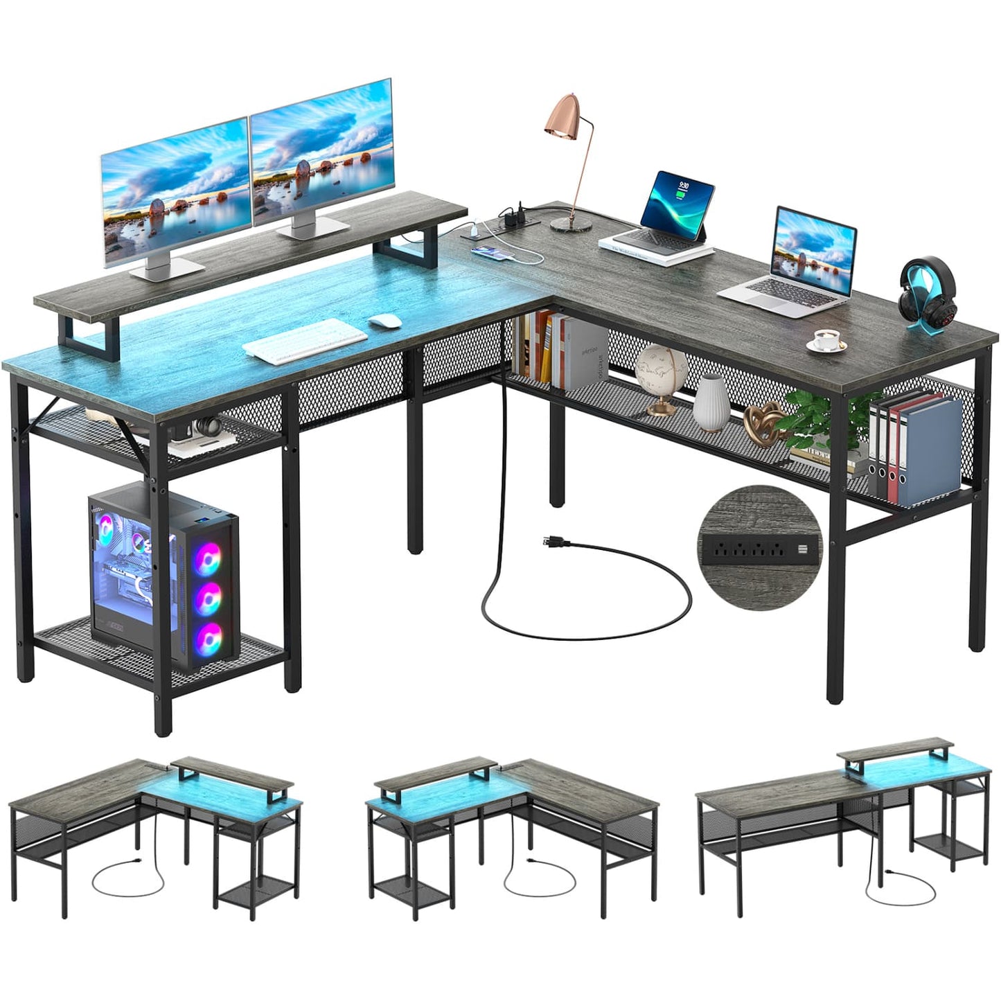 L Shape Desk with Charging Station, Computer Desk with LED Light