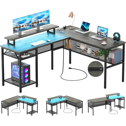 L Shape Desk with Charging Station, Computer Desk with LED Light