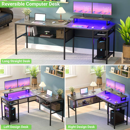 L Shape Desk with Charging Station, Computer Desk with LED Light