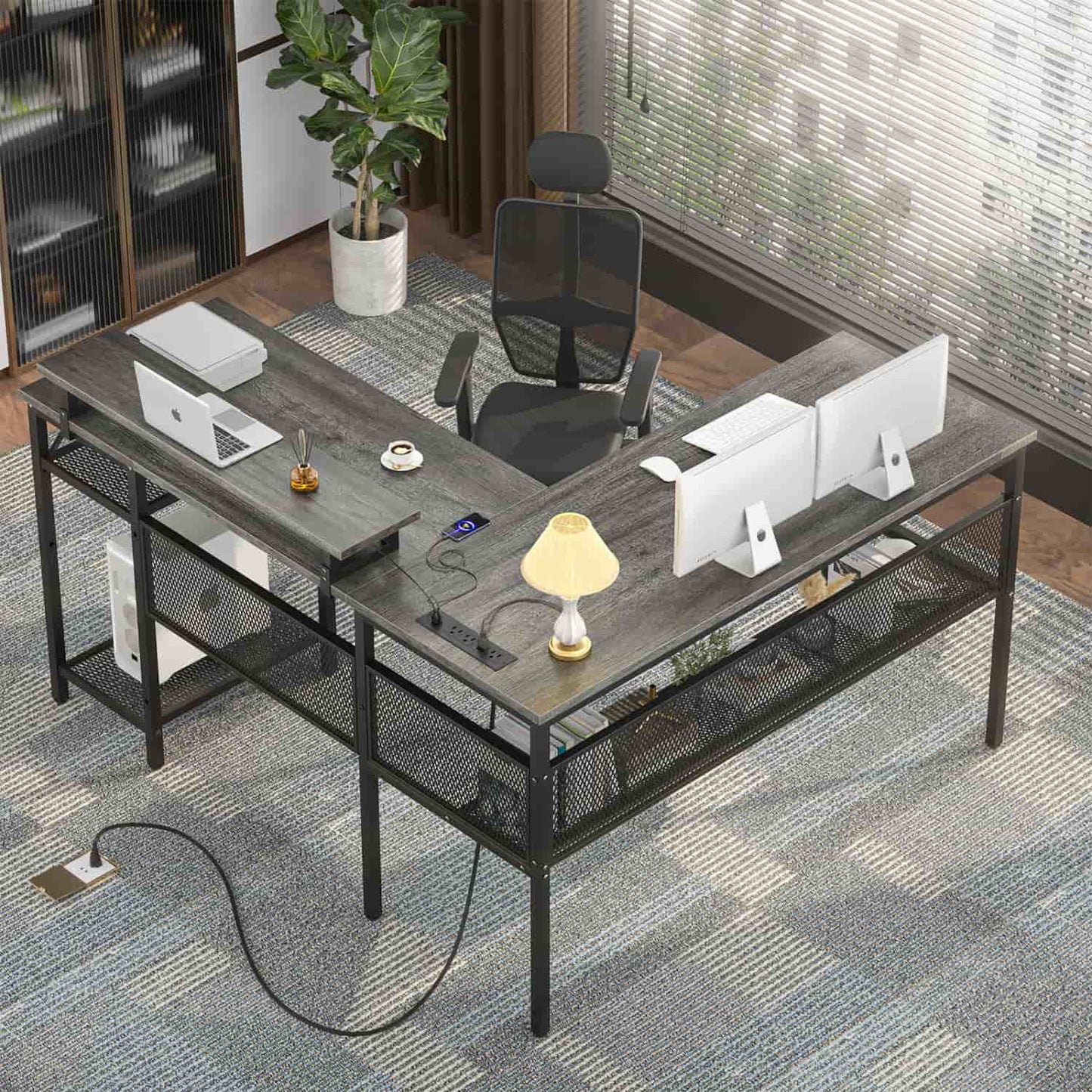 L Shape Desk with Charging Station, Computer Desk with LED Light