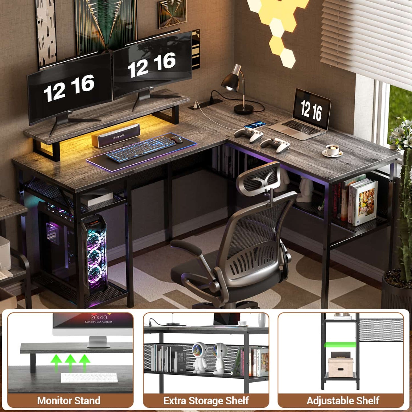 L Shape Desk with Charging Station, Computer Desk with LED Light