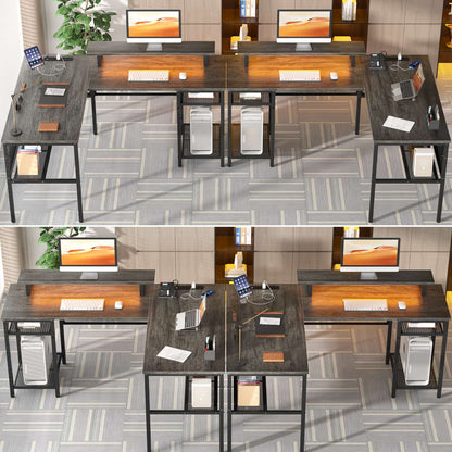 L Shape Desk with Charging Station, Computer Desk with LED Light