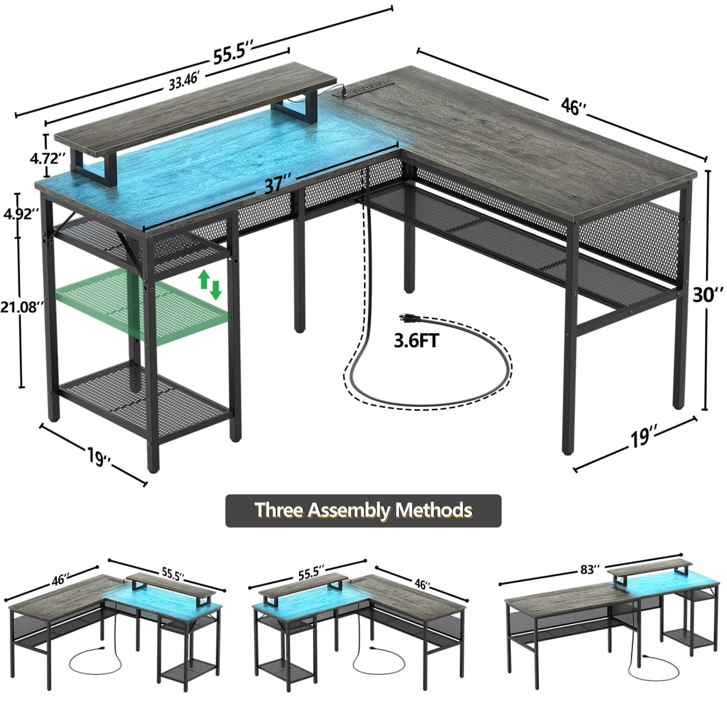 L Shape Desk with Charging Station, Computer Desk with LED Light