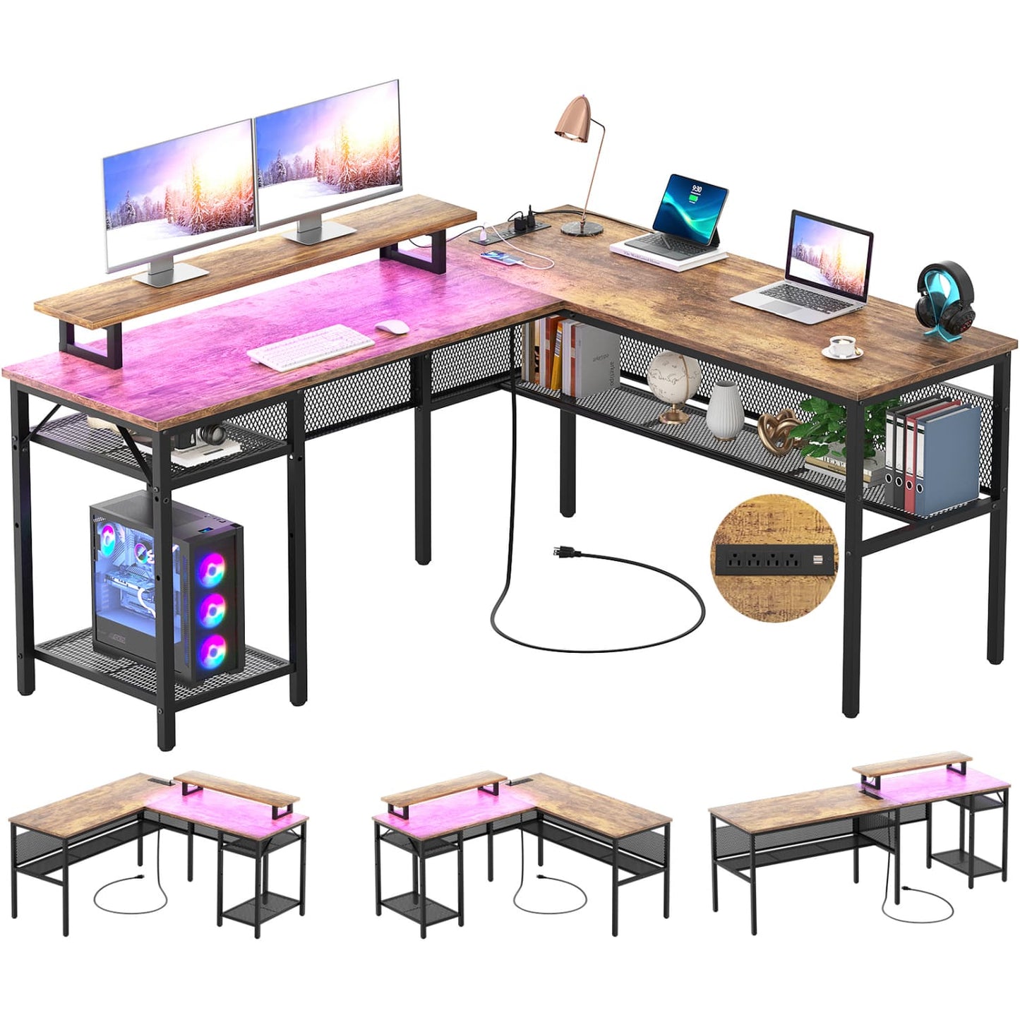L Shape Desk with Charging Station, Computer Desk with LED Light