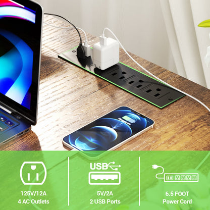 L Shape Desk with Charging Station, Computer Desk with LED Light
