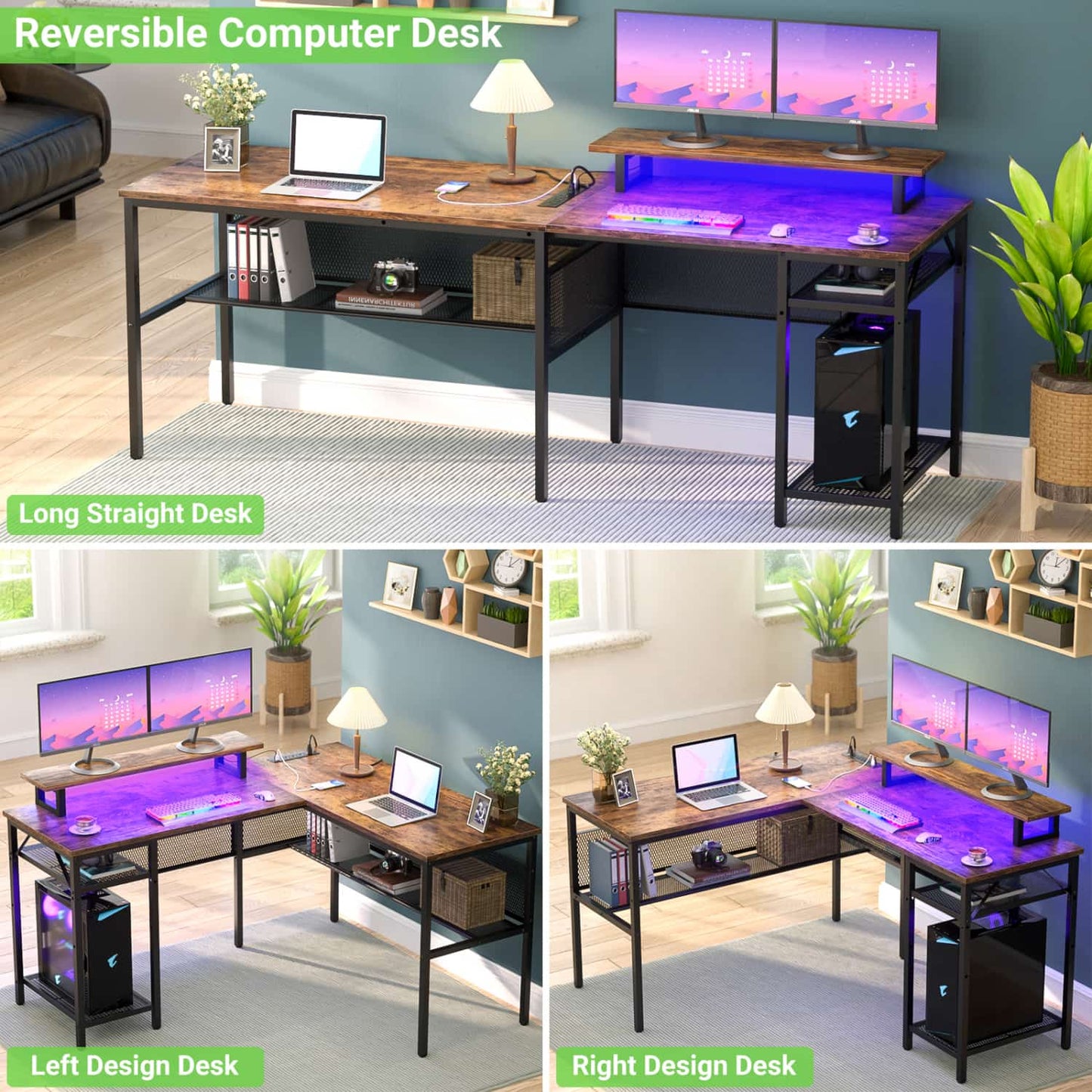 L Shape Desk with Charging Station, Computer Desk with LED Light