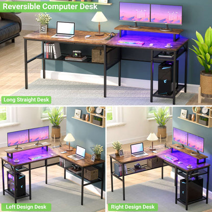 L Shape Desk with Charging Station, Computer Desk with LED Light