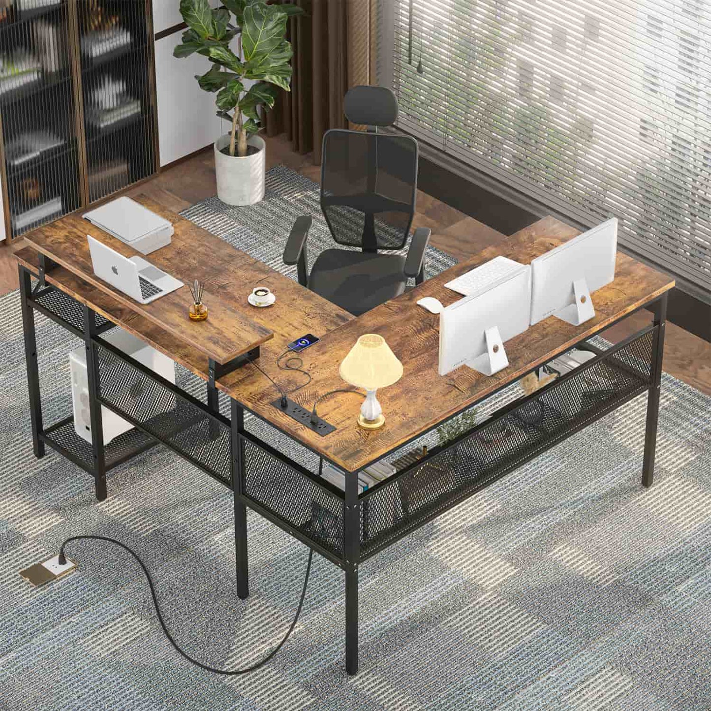 L Shape Desk with Charging Station, Computer Desk with LED Light