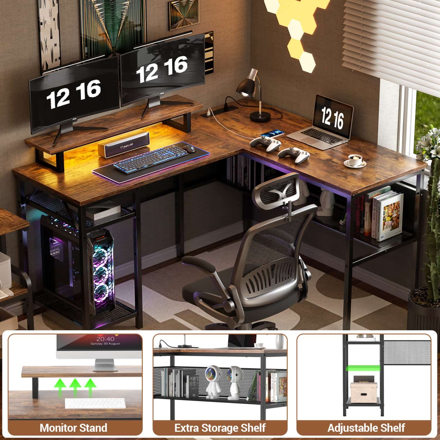 L Shape Desk with Charging Station, Computer Desk with LED Light