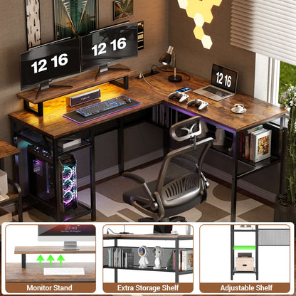 L Shape Desk with Charging Station, Computer Desk with LED Light
