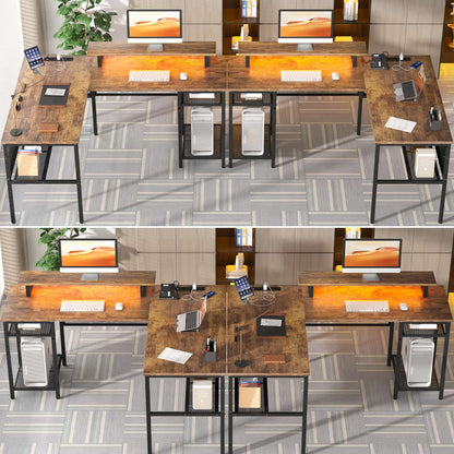 L Shape Desk with Charging Station, Computer Desk with LED Light
