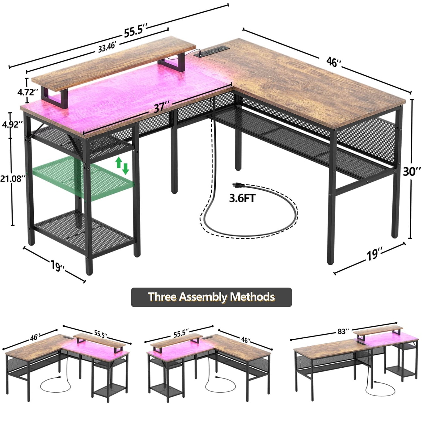 L Shape Desk with Charging Station, Computer Desk with LED Light