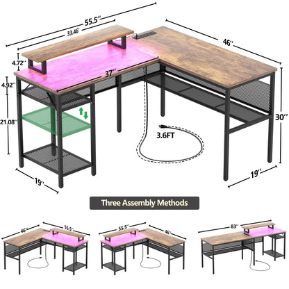 L Shape Desk with Charging Station, Computer Desk with LED Light