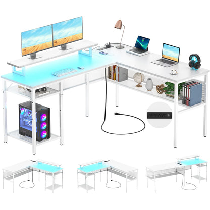 L Shape Desk with Charging Station, Computer Desk with LED Light