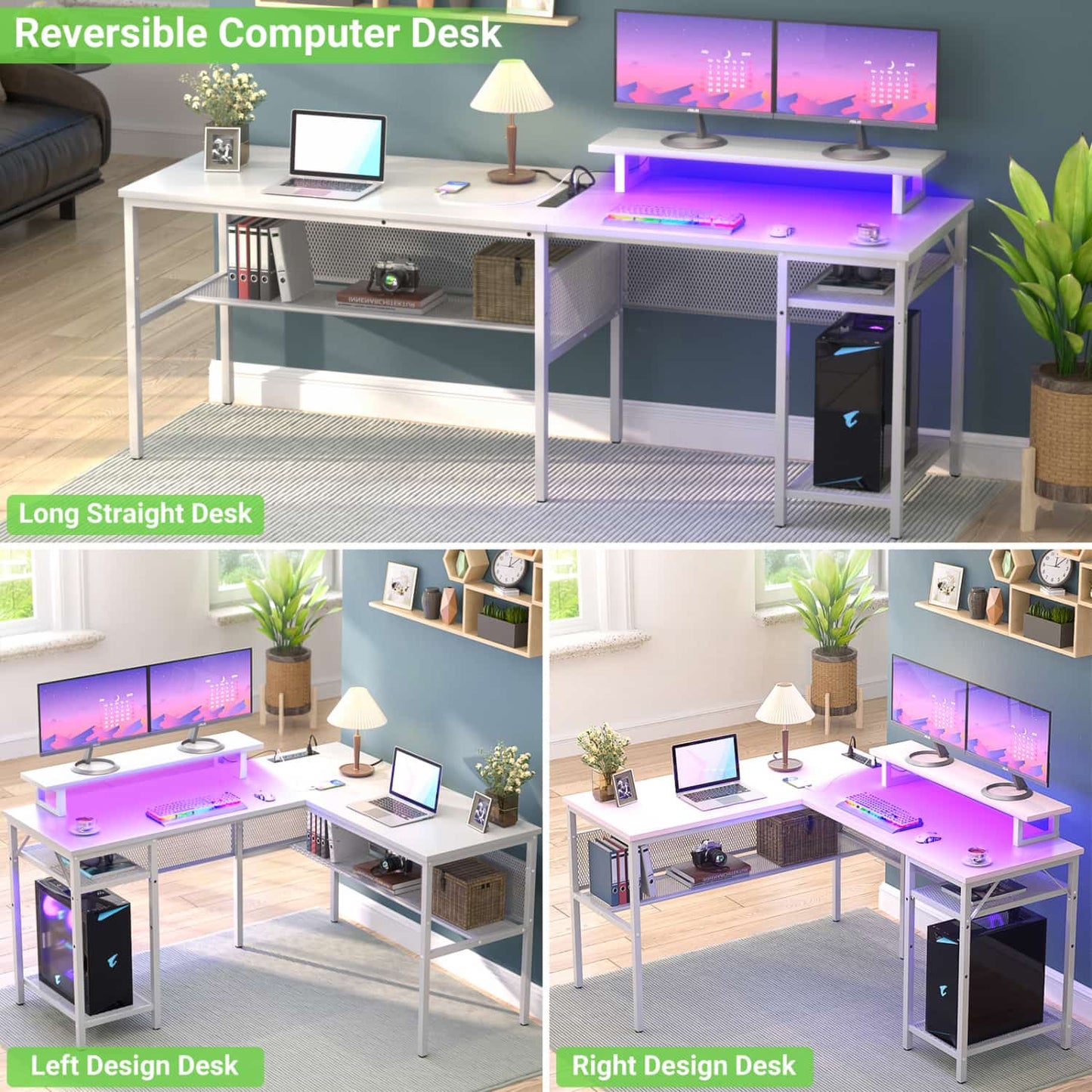 L Shape Desk with Charging Station, Computer Desk with LED Light
