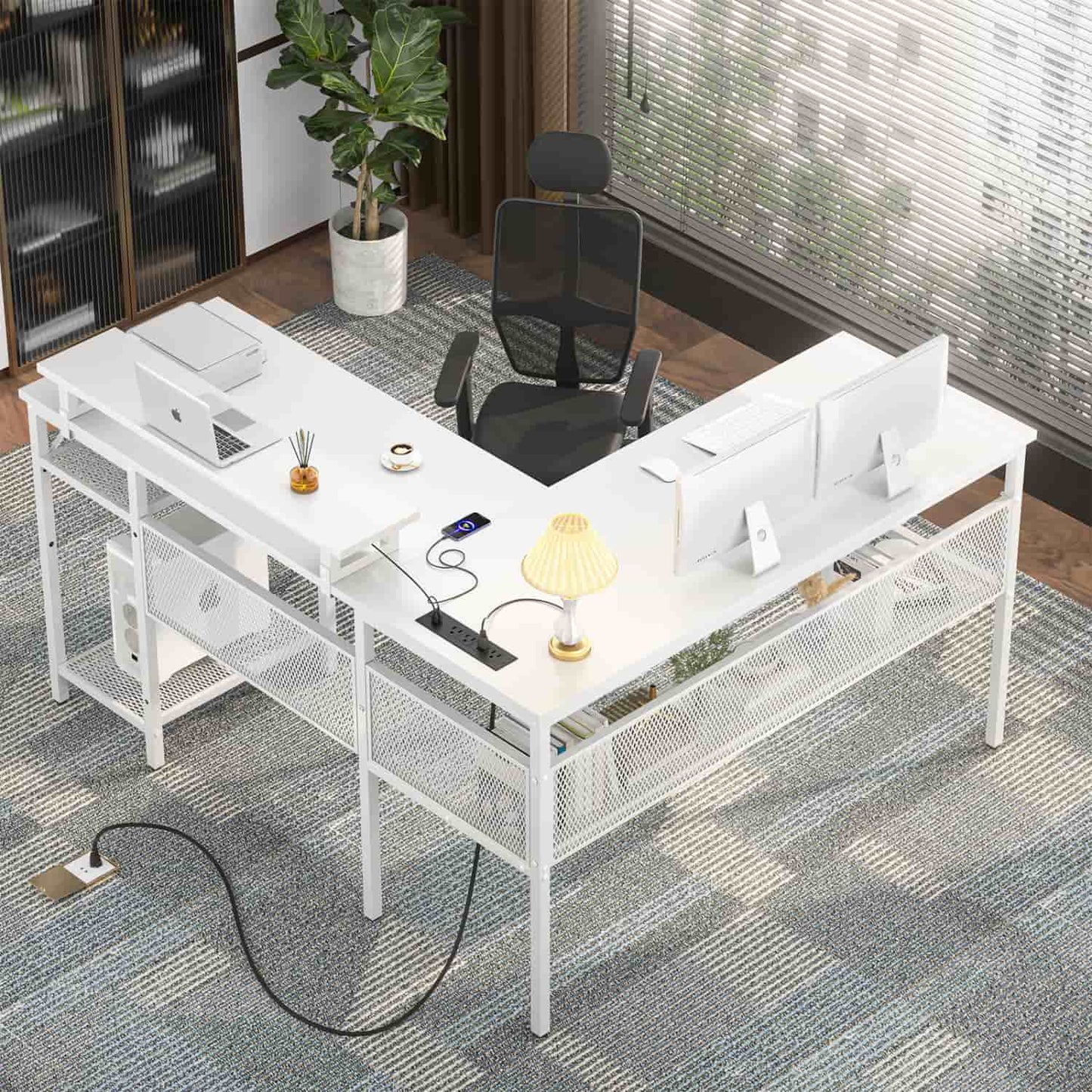 L Shape Desk with Charging Station, Computer Desk with LED Light