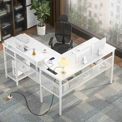 L Shape Desk with Charging Station, Computer Desk with LED Light