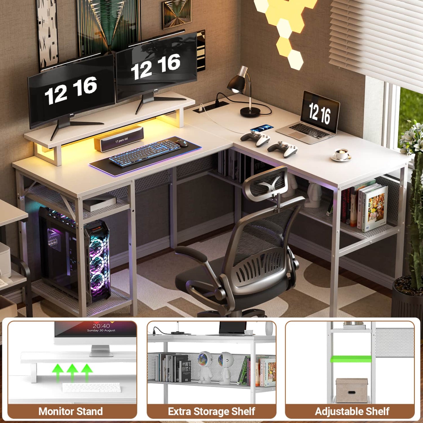 L Shape Desk with Charging Station, Computer Desk with LED Light