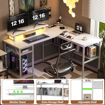 L Shape Desk with Charging Station, Computer Desk with LED Light