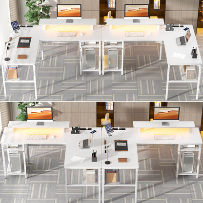 L Shape Desk with Charging Station, Computer Desk with LED Light