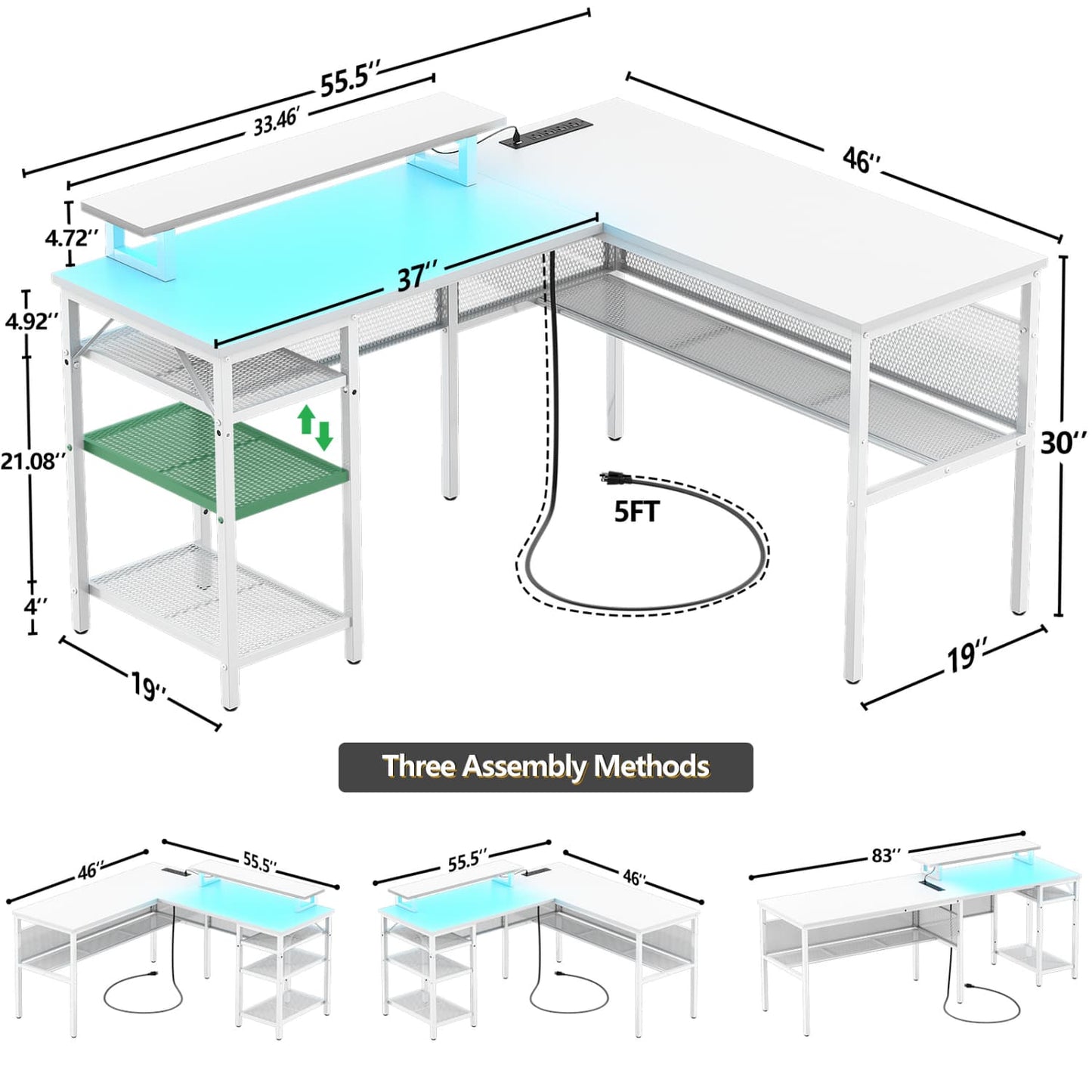 L Shape Desk with Charging Station, Computer Desk with LED Light