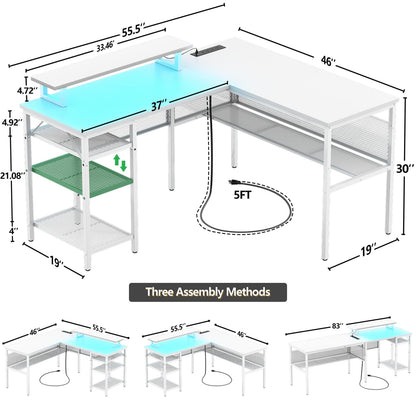 L Shape Desk with Charging Station, Computer Desk with LED Light