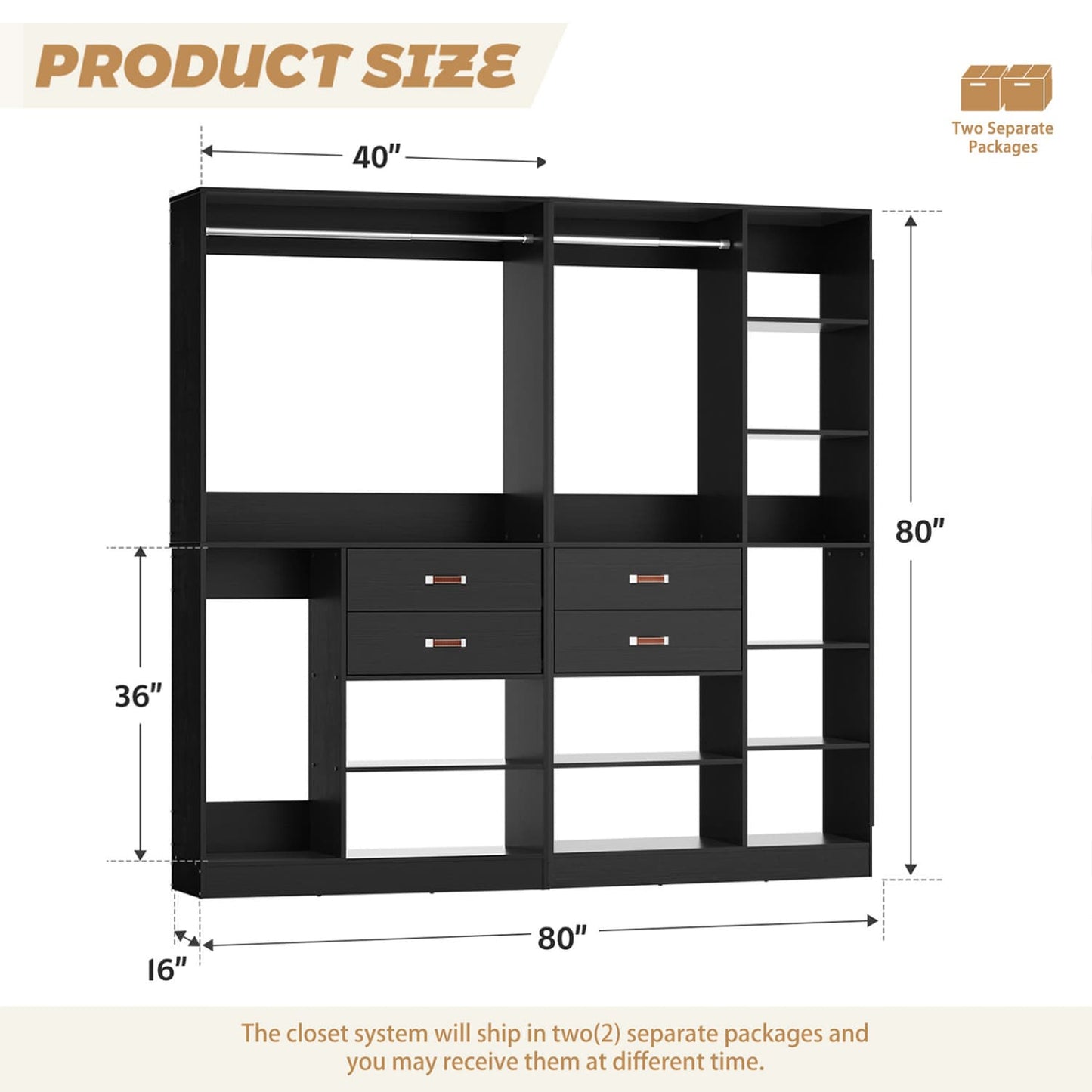 80-In Closet System Set with Wood Drawers, Freestanding Closet Organizer with Hanging Rods