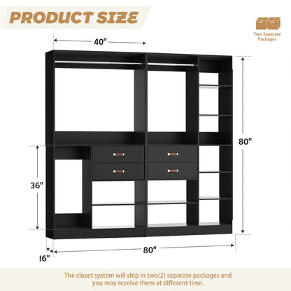 80-In Closet System Set with Wood Drawers, Freestanding Closet Organizer with Hanging Rods