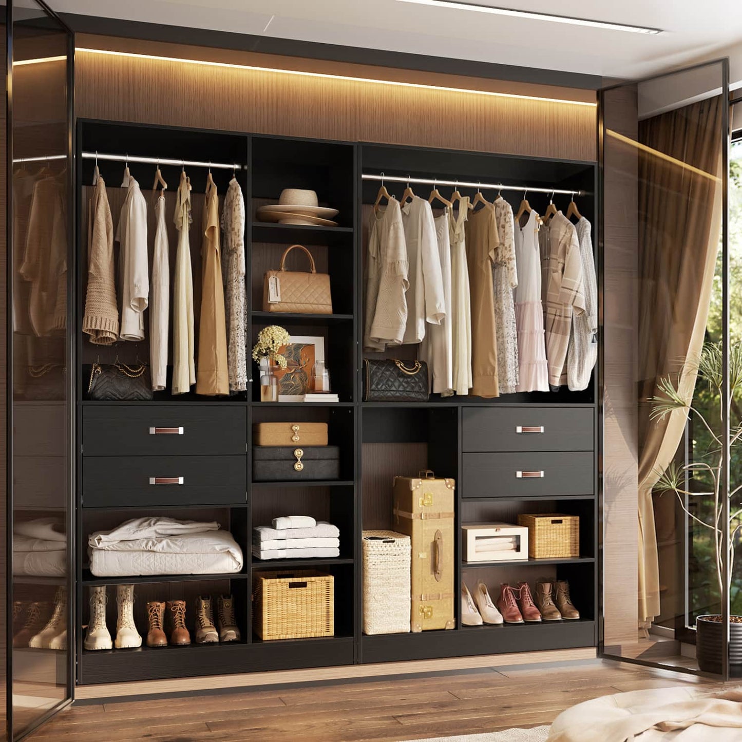 80-In Closet System Set with Wood Drawers, Freestanding Closet Organizer with Hanging Rods