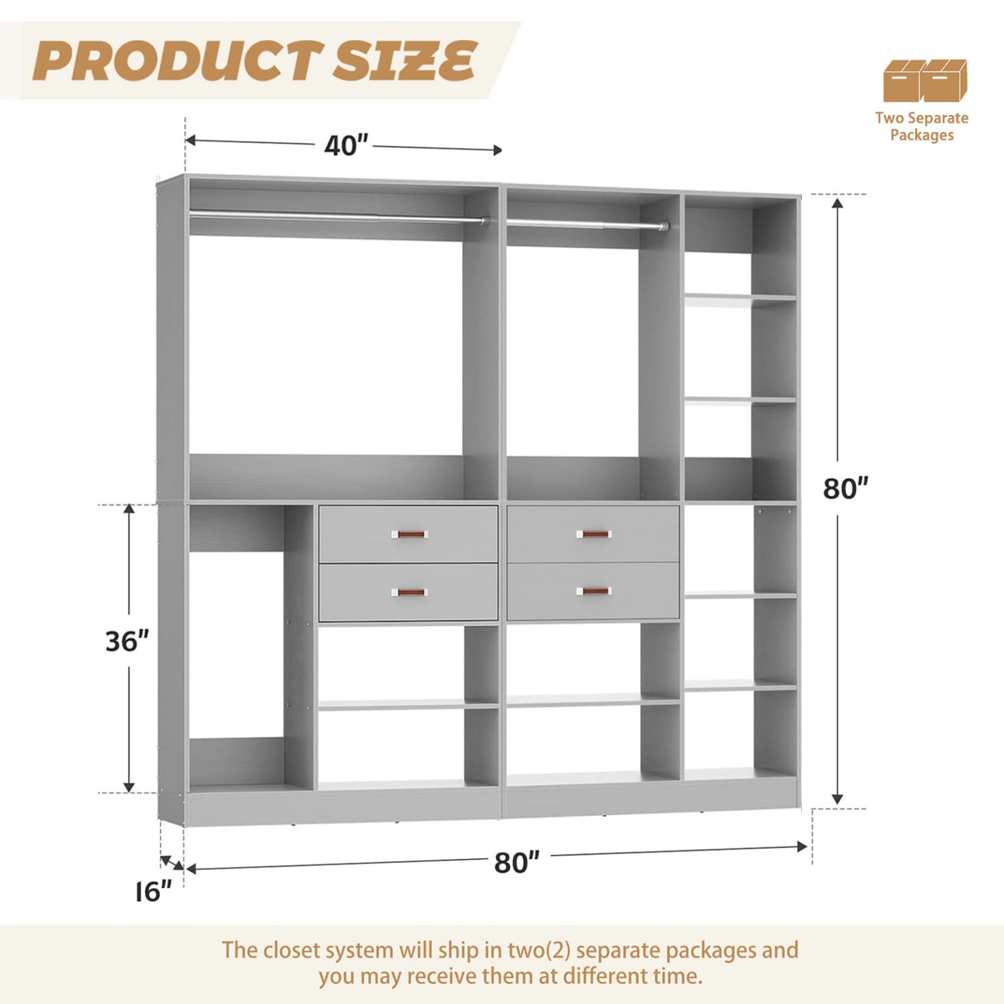 80-In Closet System Set with Wood Drawers, Freestanding Closet Organizer with Hanging Rods