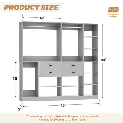 80-In Closet System Set with Wood Drawers, Freestanding Closet Organizer with Hanging Rods