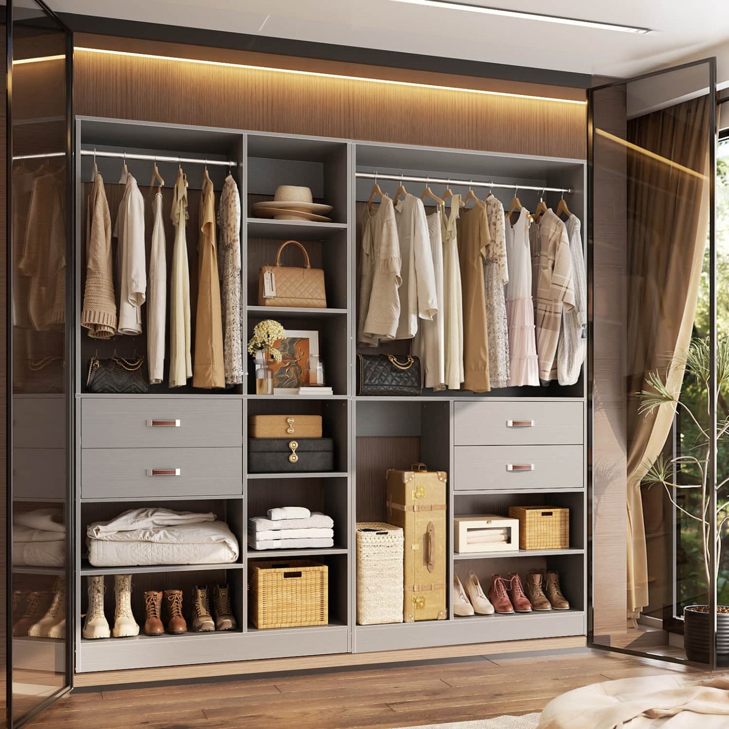 80-In Closet System Set with Wood Drawers, Freestanding Closet Organizer with Hanging Rods