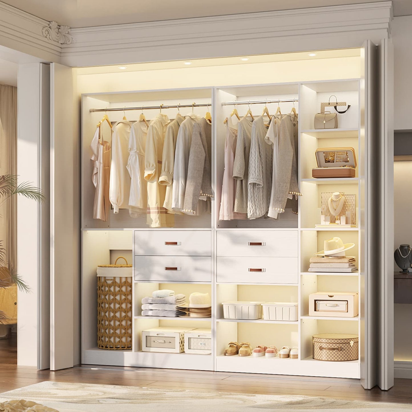 80-In Closet System Set with Wood Drawers, Freestanding Closet Organizer with Hanging Rods