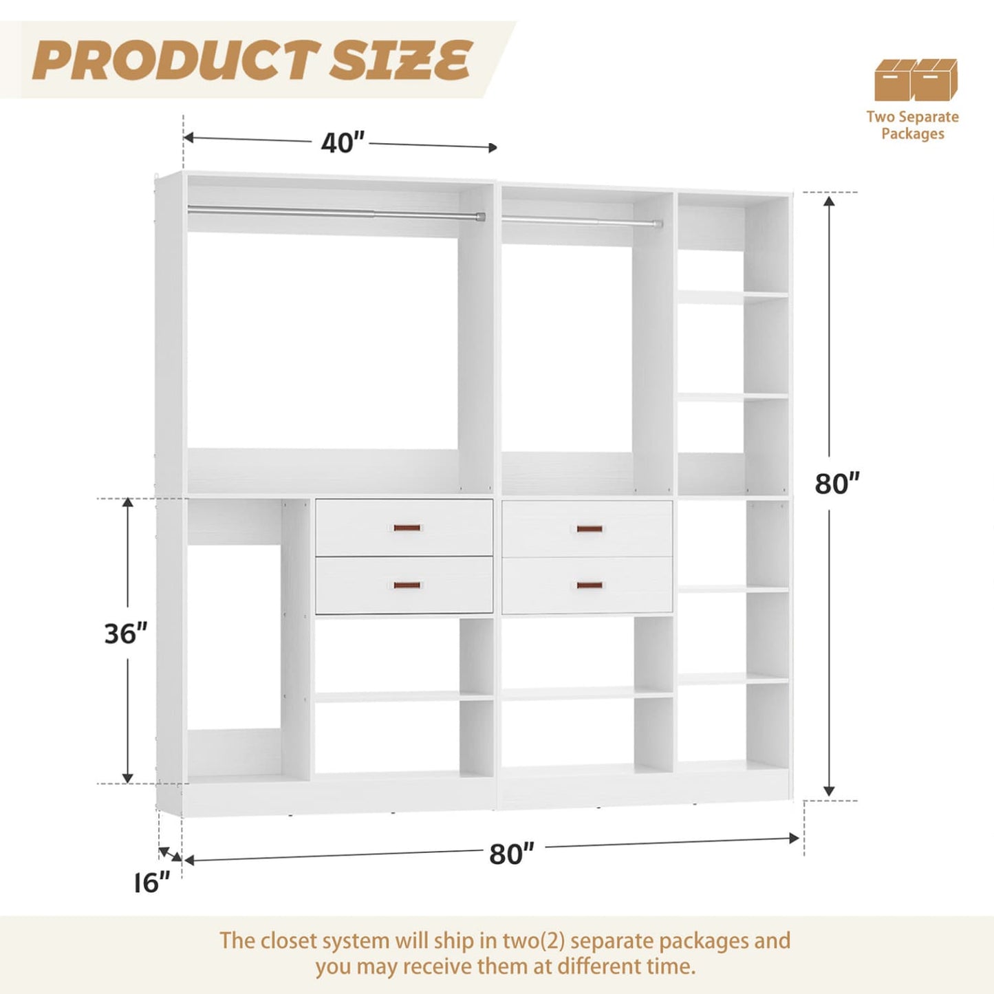 80-In Closet System Set with Wood Drawers, Freestanding Closet Organizer with Hanging Rods