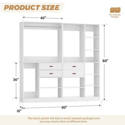 80-In Closet System Set with Wood Drawers, Freestanding Closet Organizer with Hanging Rods