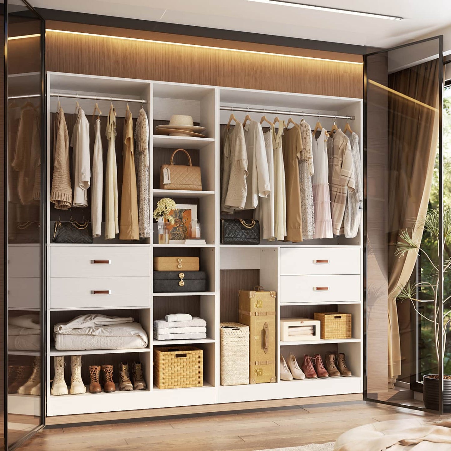 80-In Closet System Set with Wood Drawers, Freestanding Closet Organizer with Hanging Rods