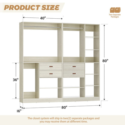 80-In Closet System Set with Wood Drawers, Freestanding Closet Organizer with Hanging Rods