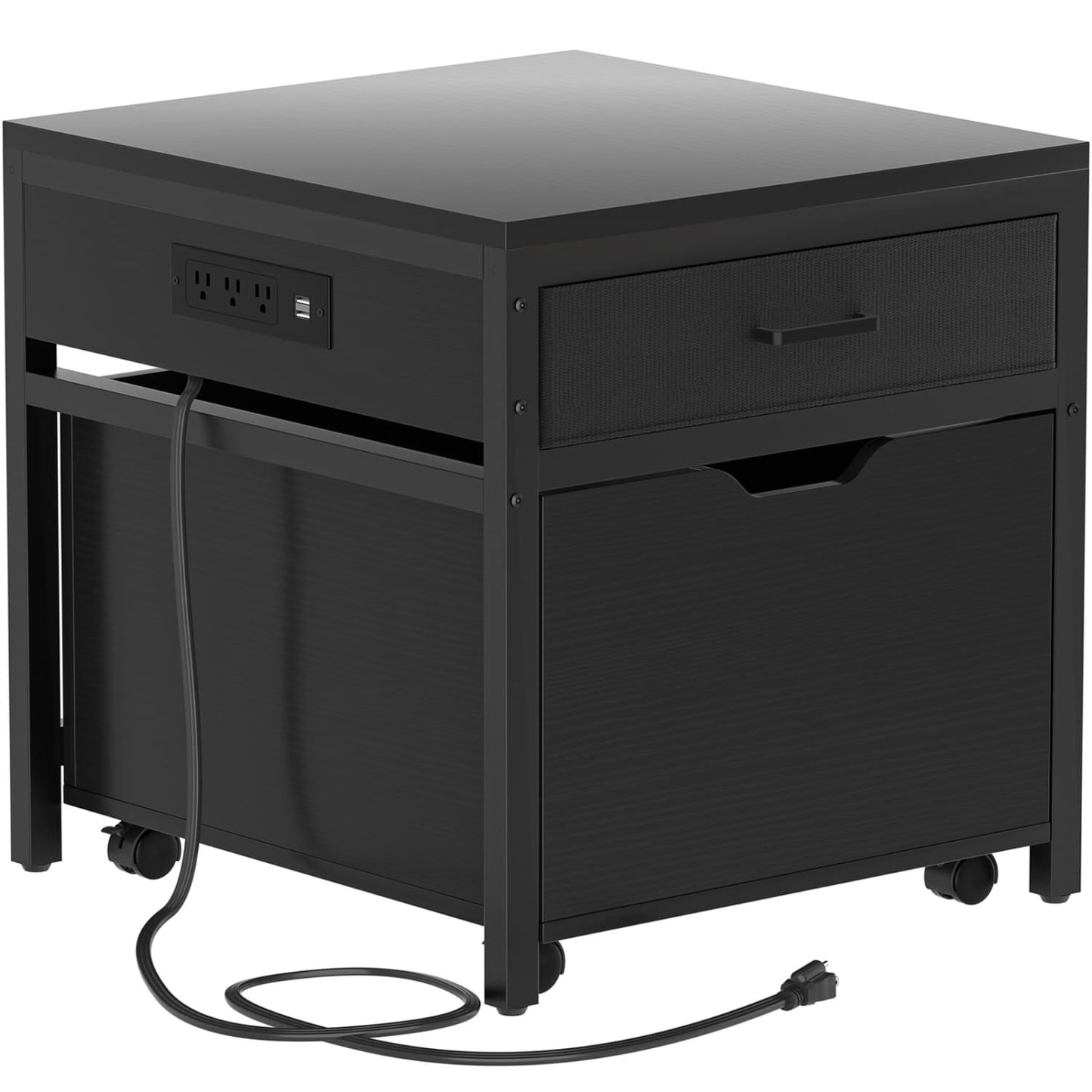 End Table with Charging Station, Mini Fridge Stand with Rolling Drawers