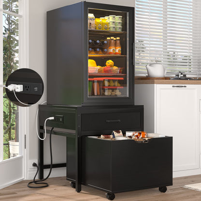 End Table with Charging Station, Mini Fridge Stand with Rolling Drawers