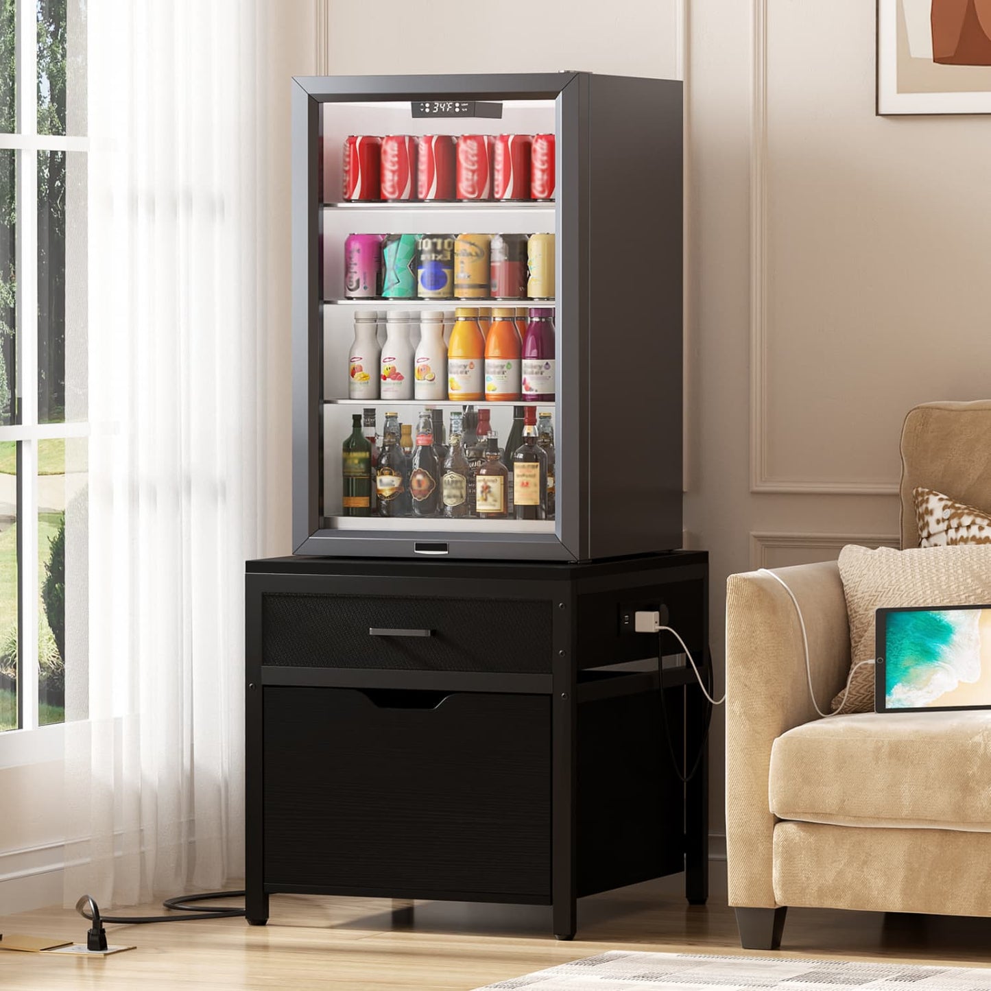End Table with Charging Station, Mini Fridge Stand with Rolling Drawers