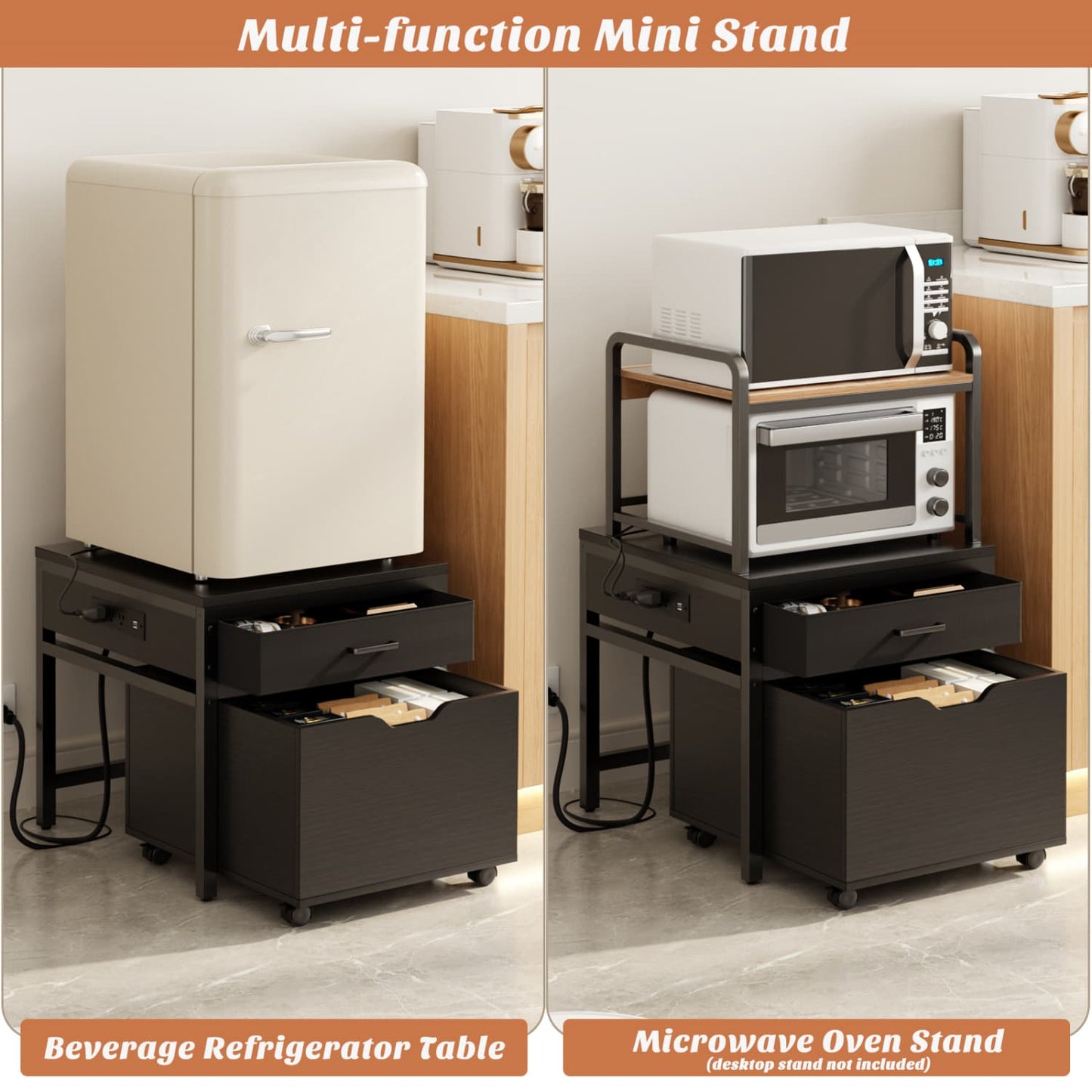 End Table with Charging Station, Mini Fridge Stand with Rolling Drawers