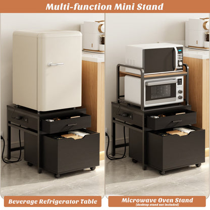 End Table with Charging Station, Mini Fridge Stand with Rolling Drawers