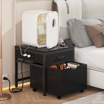 End Table with Charging Station, Mini Fridge Stand with Rolling Drawers