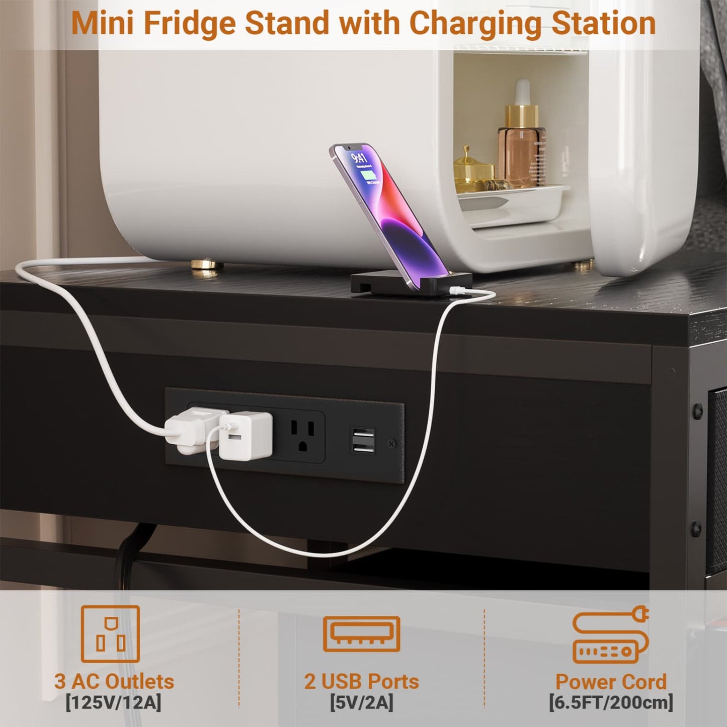 End Table with Charging Station, Mini Fridge Stand with Rolling Drawers