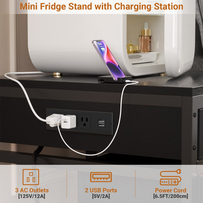 End Table with Charging Station, Mini Fridge Stand with Rolling Drawers