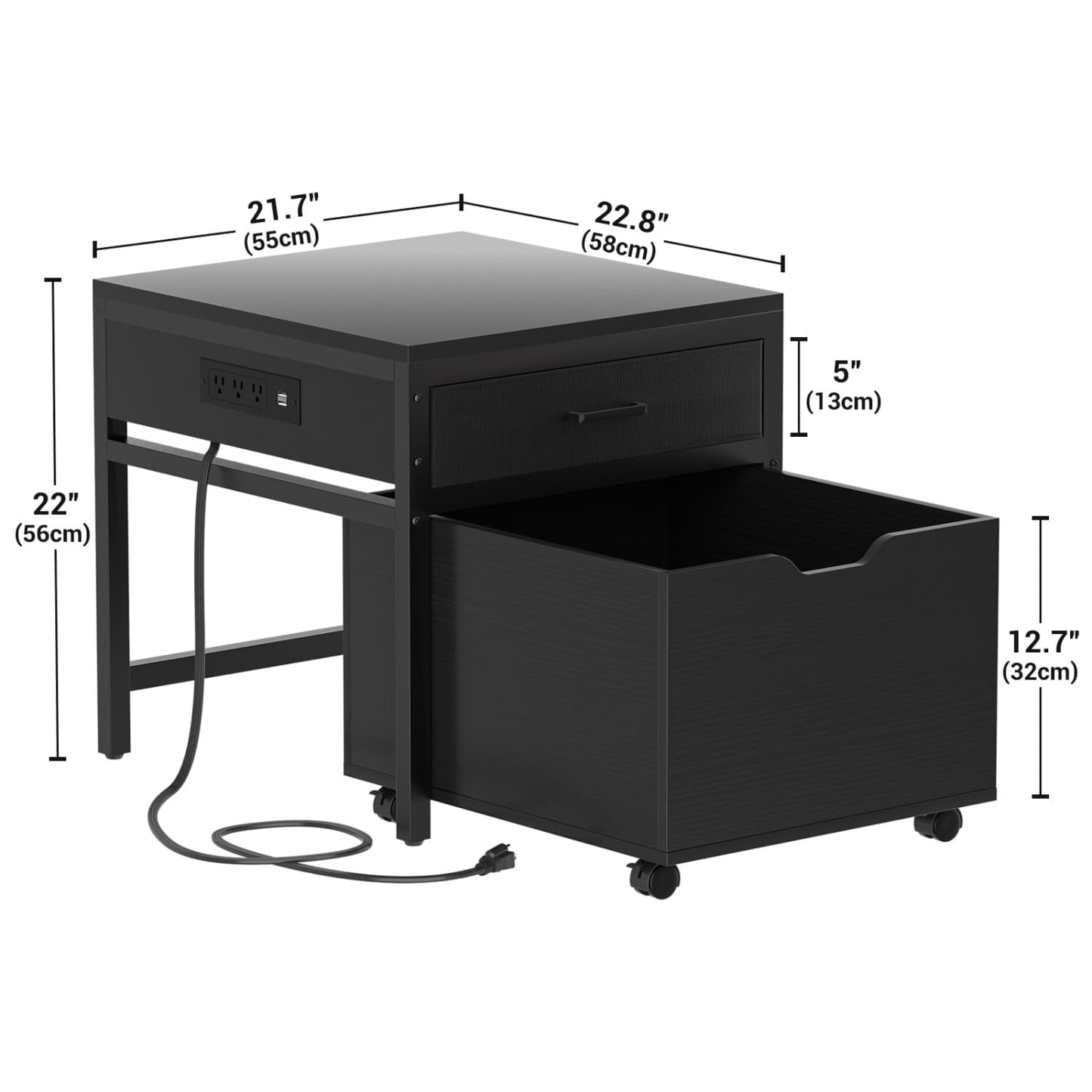 End Table with Charging Station, Mini Fridge Stand with Rolling Drawers