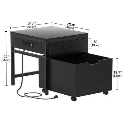 End Table with Charging Station, Mini Fridge Stand with Rolling Drawers