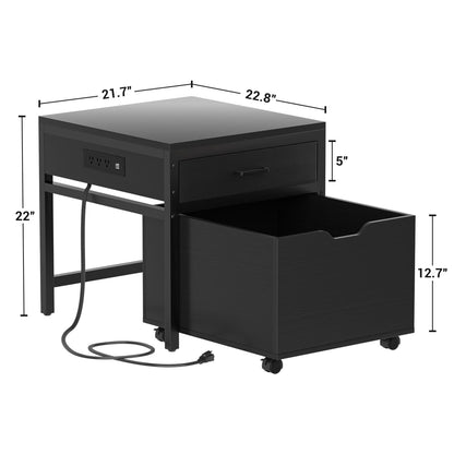 End Table with Charging Station, Mini Fridge Stand with Rolling Drawers