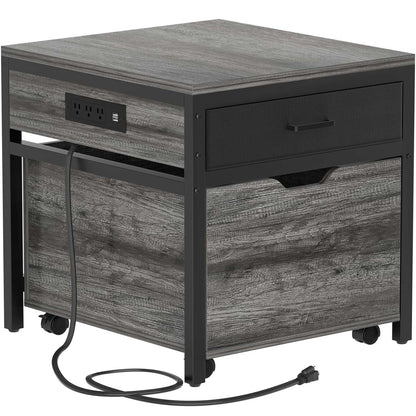 End Table with Charging Station, Mini Fridge Stand with Rolling Drawers
